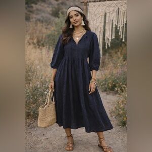 Citrus by Called to Surf Navy Eyelet Embroidered Midi Dress | Boho Cottagecore |